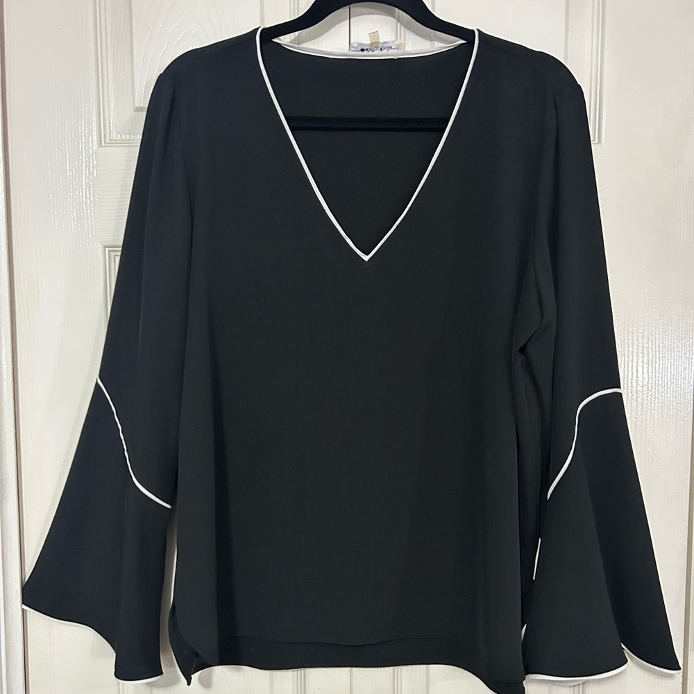 Calvin Klein, Black with White Trim, Long Sleeved Bell Cuffed Blouse